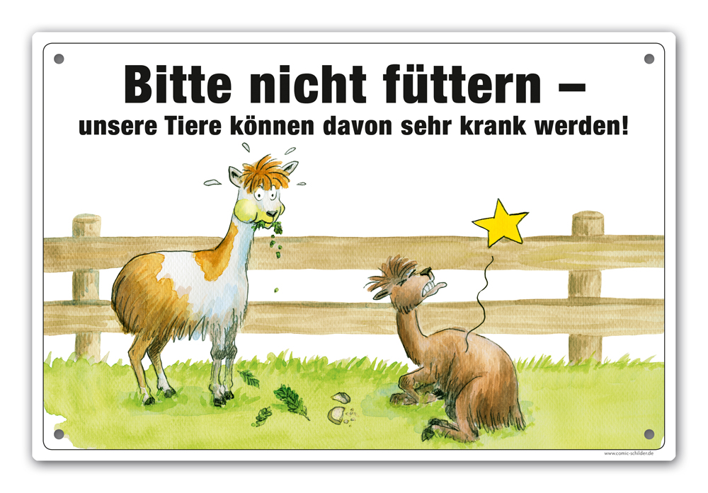 Schild "Bitte nicht füttern" mit Alpaka-Motiv