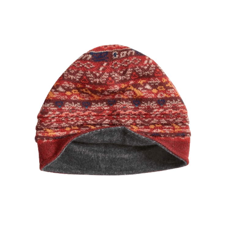 Gefütterte Alpaka-Mützen für Damen mit Jacquard-Muster in Rottönen