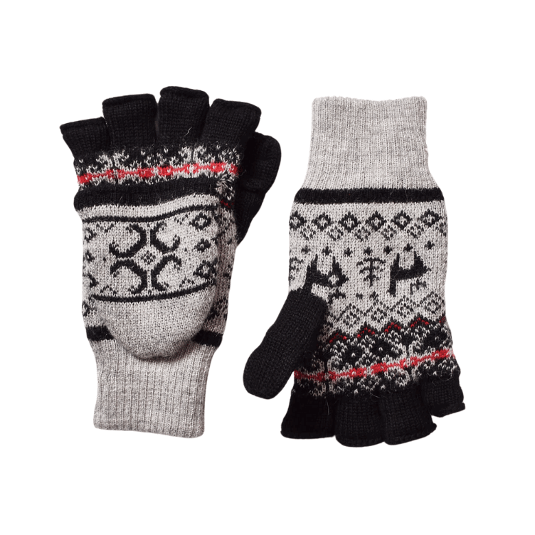 Gefütterte fingerlose Handschuhe mit Klappe und Alpaka-Jacquard-Muster