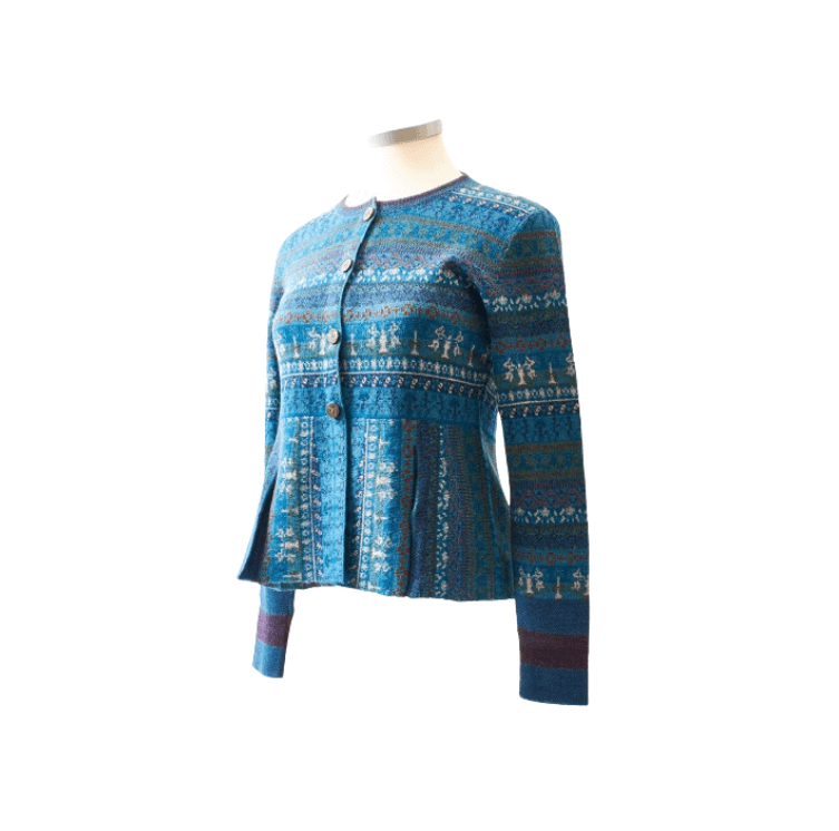 Kurze Strickjacke aus 100 % Baby-Alpaka mit Jacquard-Muster in blau