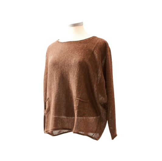 Weiter Alpaka-Damen-Pullover mit aufgesetzten Taschen und Fledermausärmeln